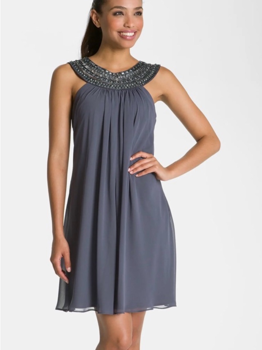 JS Boutique Embellished Chiffon Trapeze Dress - Grey